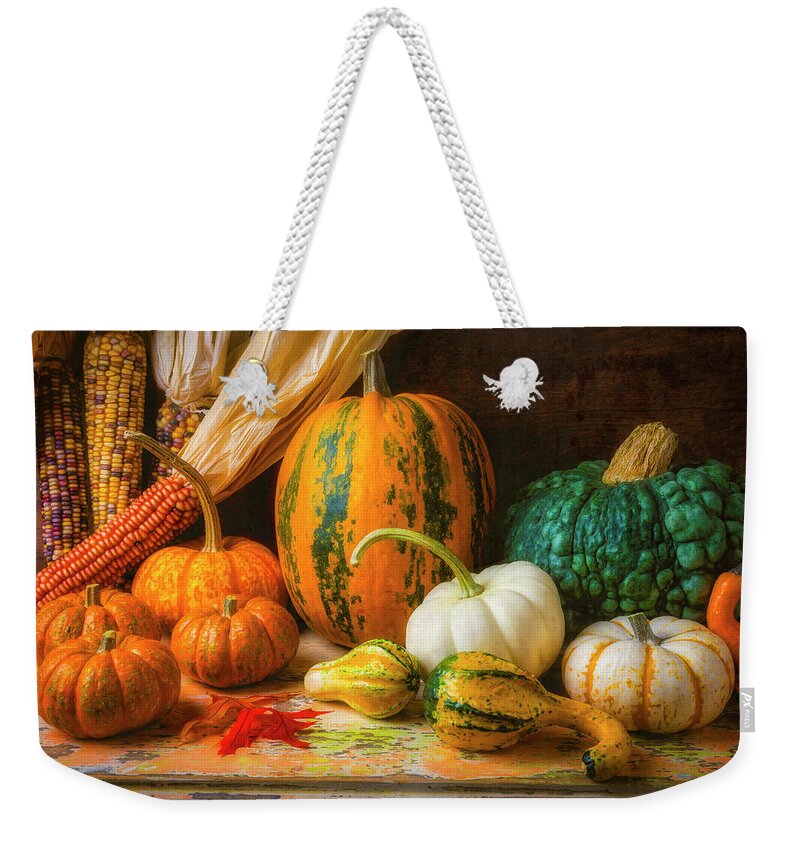 Beauty Weekender Tote Bag featuring the photograph Indian Corn, Pumpkins And Gourds by Garry Gay