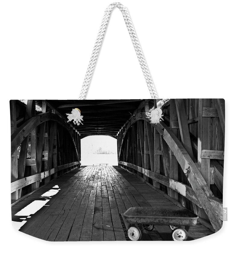 Covered Bridge Weekender Tote Bag featuring the photograph Indiana Covered Bridge With Red Wagon by Larry Butterworth