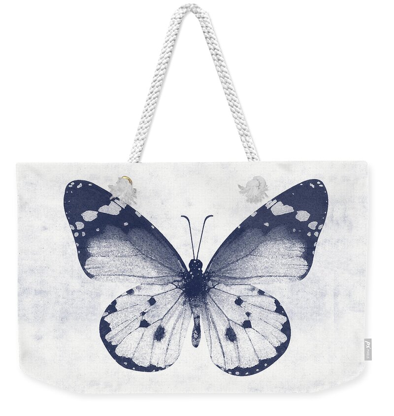 Butterfly White Blue Indigo Skeleton Butterfly Wings Modern Bohemianinsect Bug Garden Nature Organichome Decorairbnb Decorliving Room Artbedroom Artcorporate Artset Designgallery Wallart By Linda Woodsart For Interior Designersgreeting Cardpillowtotehospitality Arthotel Artart Licensing Weekender Tote Bag featuring the mixed media Indigo and White Butterfly 1- Art by Linda Woods by Linda Woods