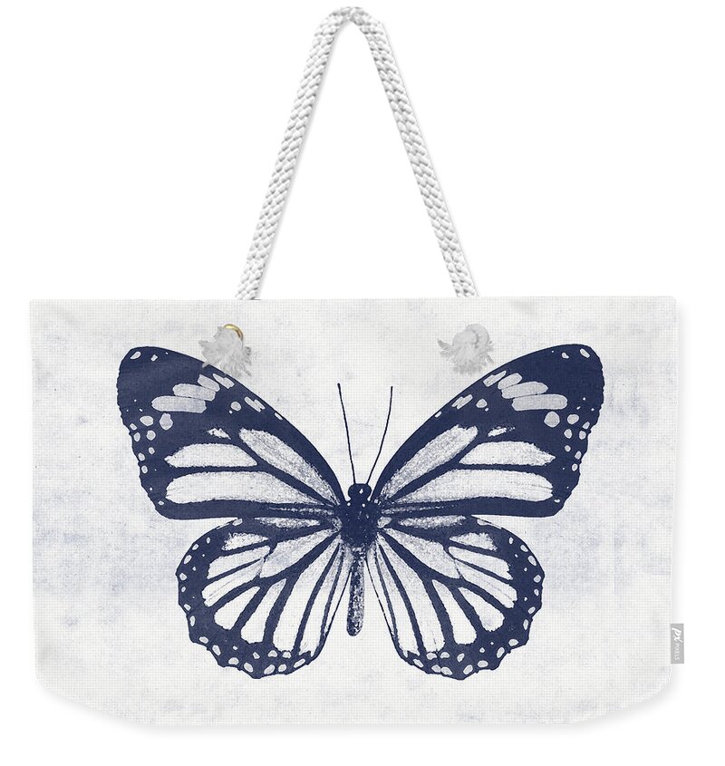 Butterfly Weekender Tote Bag featuring the mixed media Indigo and White Butterfly 3- Art by Linda Woods by Linda Woods