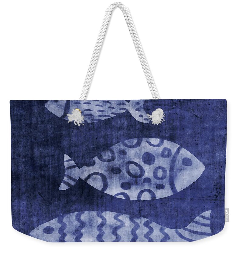 Fish Weekender Tote Bag featuring the mixed media Indigo Fish- Art by Linda Woods by Linda Woods