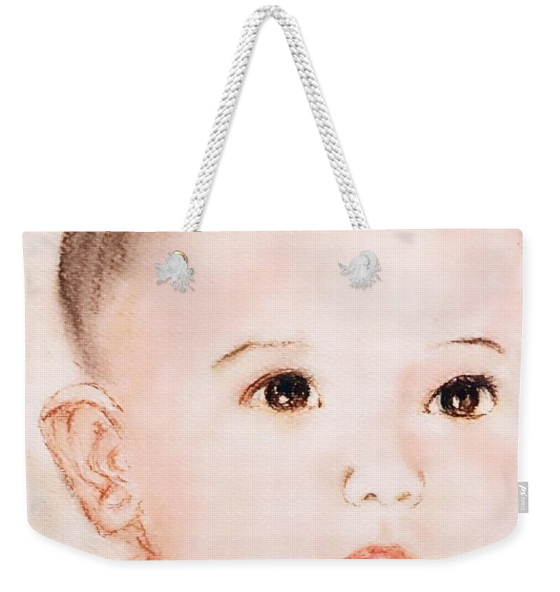 Pastel Drawing Of A Baby's Portrait Weekender Tote Bag featuring the drawing Innocence by Lavender Liu