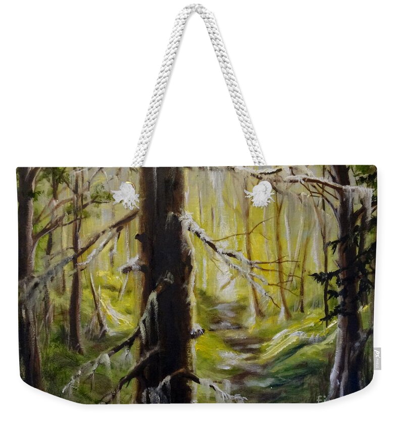 Forest Trees Light Dark Landscape Sky Shadows Shade Ground Moss Grass Branches Leaves Path Glow Weekender Tote Bag featuring the painting Inside The Forest by Ida Eriksen