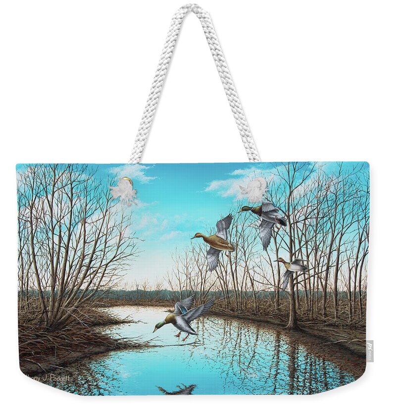 Mallard Weekender Tote Bag featuring the painting Intruder by Anthony J Padgett