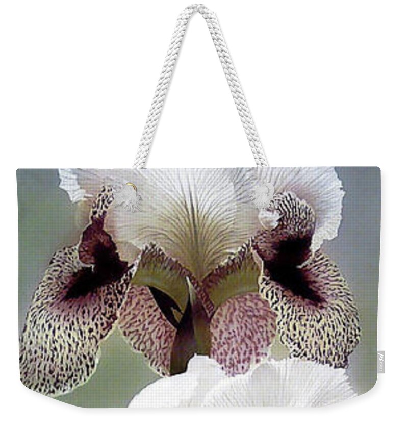 Russian Artists New Wave Weekender Tote Bag featuring the painting Iris with Morning Glory Flowers by Alina Oseeva