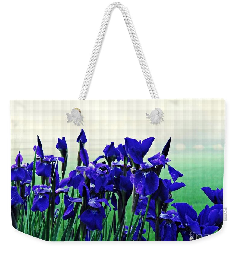 Iris Weekender Tote Bag featuring the photograph Irises at Dawn 2 by Sarah Loft