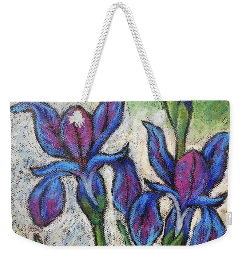 Iris Weekender Tote Bag featuring the painting Irises in Bloom by Karla Beatty