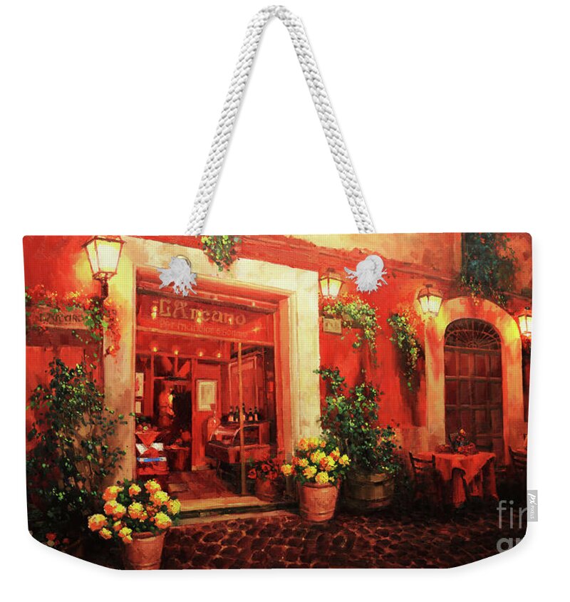 Romantic Evening Seating In Italian Street Cafe Scene Romantic Dinner Night Italian Restaurant With Outdoor Garden Night Cafe Small Alley Italy Italian Cafe Terrace Nightafter Rain Shop Weekender Tote Bag featuring the painting Italian cafe terrace at night by Gary Kim