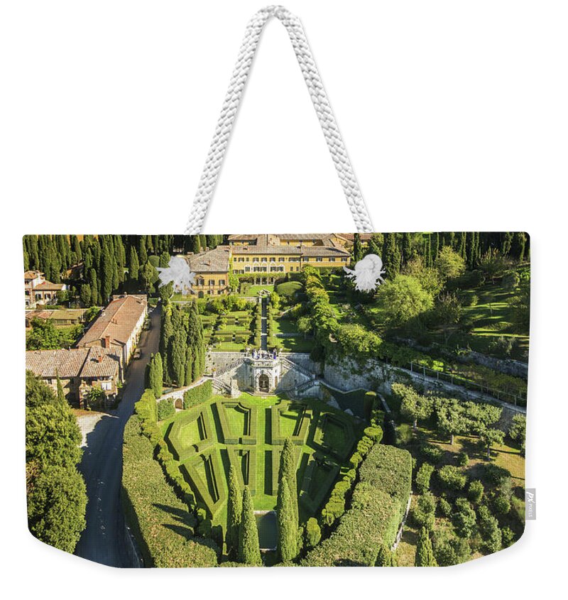 Estock Weekender Tote Bag featuring the digital art Italy, Tuscany, Siena District, Val Di Chiana, Chianciano Terme, Villa La Foce, Aerial View By Drone by Guido Cozzi
