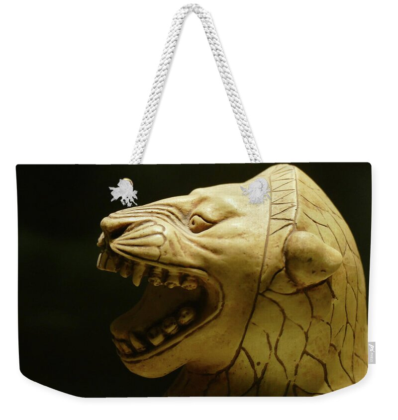 8th Weekender Tote Bag featuring the photograph Ivory statue of seated lion from Alintepe by Steve Estvanik