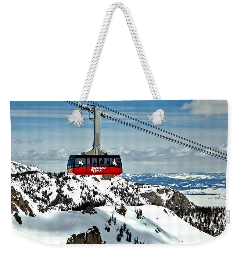 Jackson Hole Tram Weekender Tote Bag featuring the photograph Jackson Hole Aerial Tram Over The Snow Caps by Adam Jewell