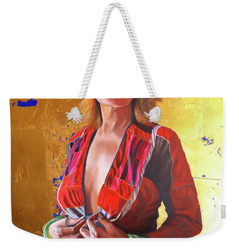 Hmong Woman Weekender Tote Bag featuring the painting Jade Lady Life on the Edge by Thu Nguyen