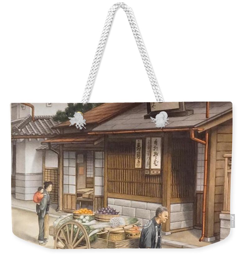Nature Weekender Tote Bag featuring the painting Japanese Woodblock Print Vivid Colors Signed H. Saito Street Scene Man Cart by Celestial Images
