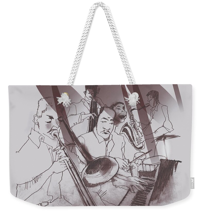 Piano Weekender Tote Bag featuring the digital art Jazz Band Performing Together by Lopetz