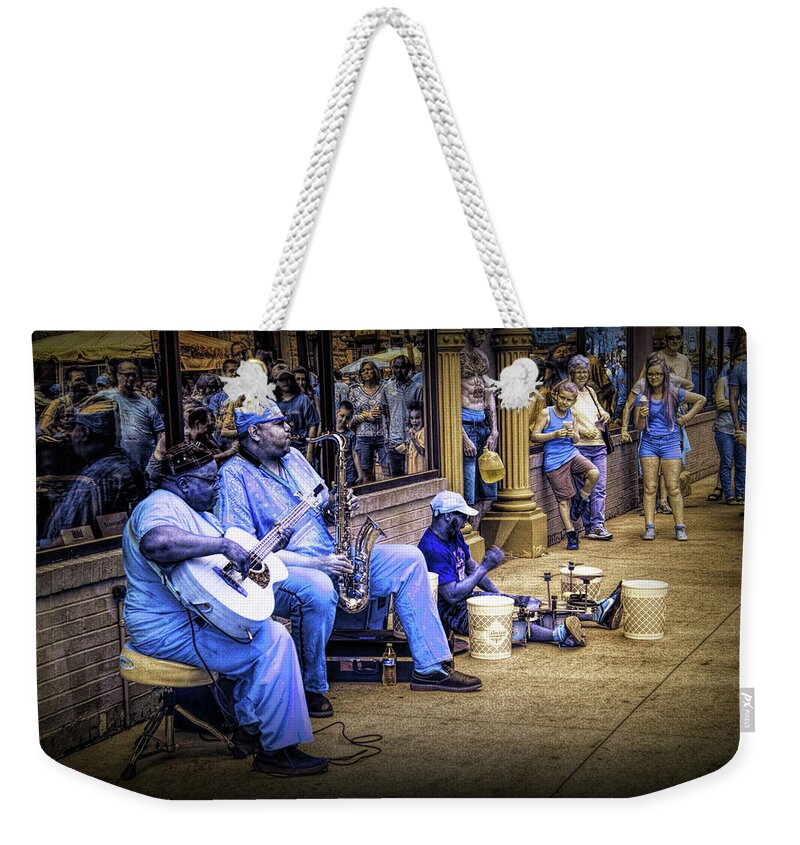 Street Weekender Tote Bag featuring the photograph Jazz Musician Street Buskers in Infrared by Randall Nyhof