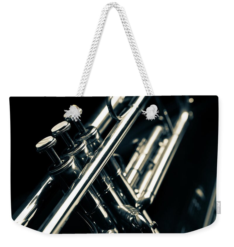 Black Color Weekender Tote Bag featuring the photograph Jazz Trumpet by Aleksandarnakic