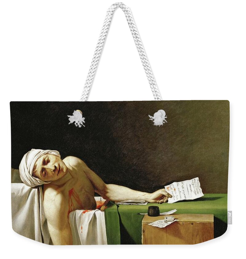 Jean Paul Marat, dead in his bathtub, assassinated by Charlotte Corday in 1793. Weekender Tote Bag by Jacques Louis David - Pixels