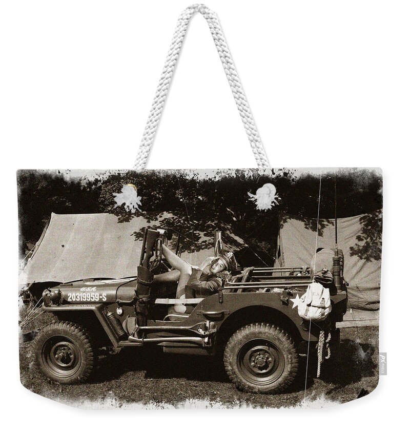 Jeep Weekender Tote Bag featuring the digital art Jeep Sepia by Mel Beasley