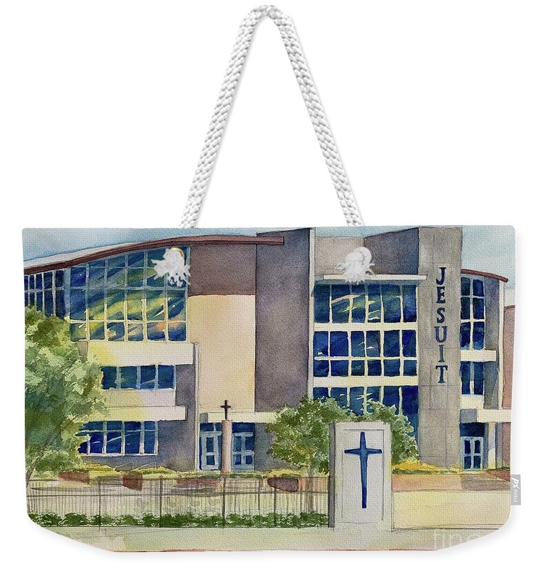 Jesuit Weekender Tote Bag featuring the painting Jesuit College Preparatory School of Dallas by Liana Yarckin