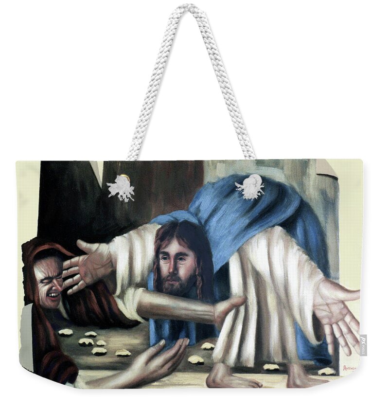 Cubism Weekender Tote Bag featuring the painting Jesus And The Old Lady by Anthony Falbo