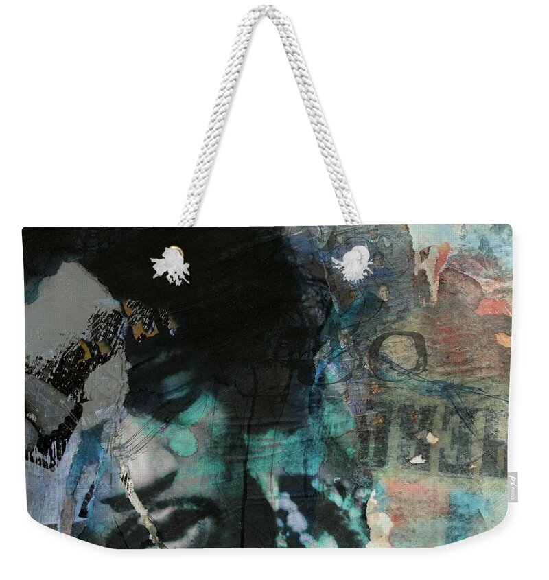 Jimi Hendrix Weekender Tote Bag featuring the mixed media Jimi Hendrix Collage by Paul Lovering