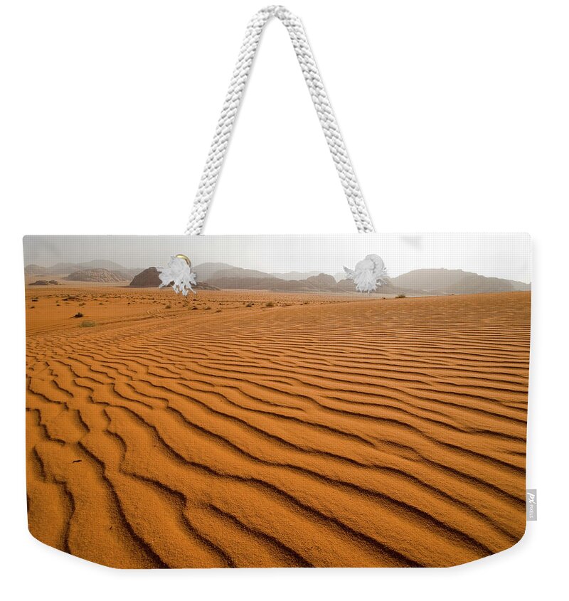 Sand Dune Weekender Tote Bag featuring the photograph Jordan Wadi Rum Sand Dunes Pattern by Jason Jones Travel Photography
