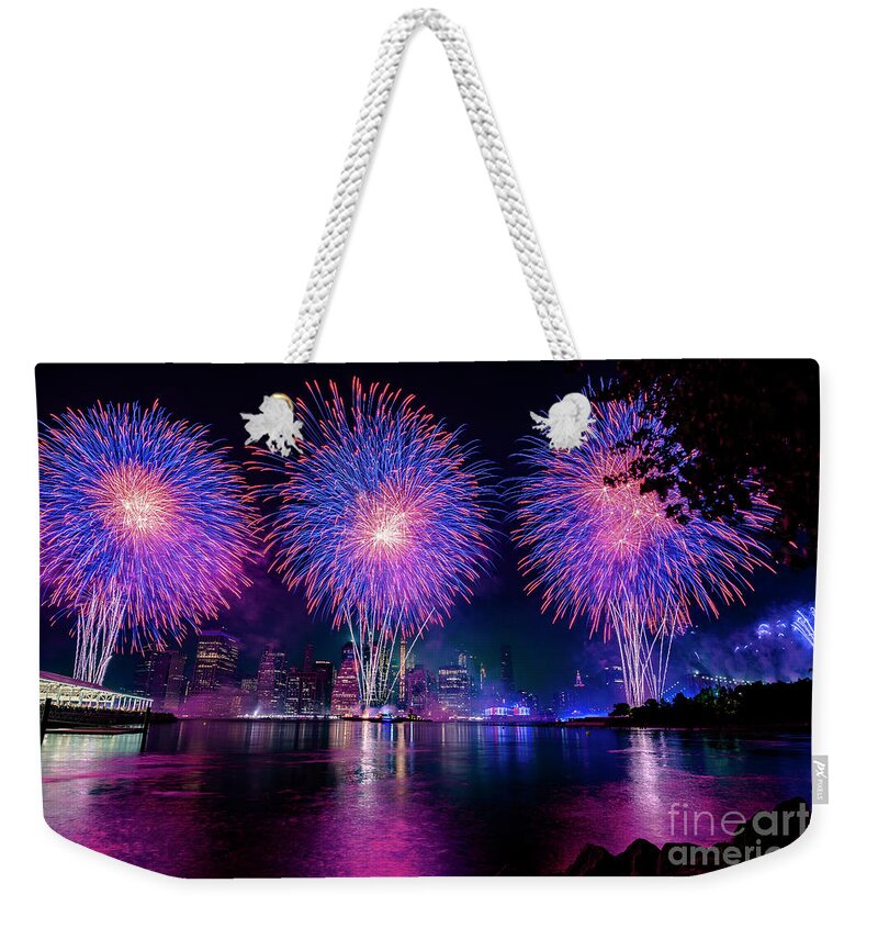 Architecture Weekender Tote Bag featuring the photograph Fireworks in New York by Stef Ko