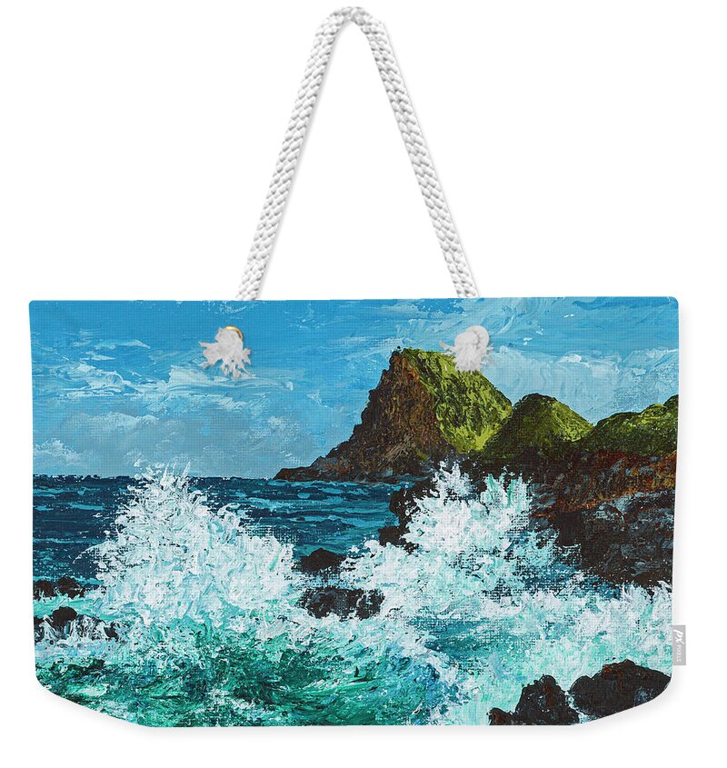 Seascape Weekender Tote Bag featuring the painting Kahekili Leap by Darice Machel McGuire