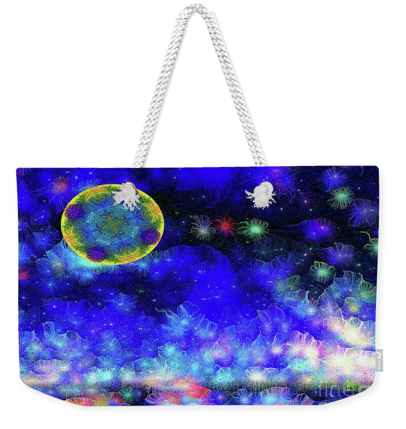 Moon Weekender Tote Bag featuring the mixed media Kaleidoscope Moon for Children Gone Too Soon Number 1 - Ascension by Aberjhani