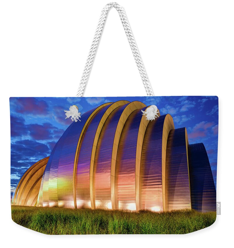 America Weekender Tote Bag featuring the photograph Kansas City Kauffman Center at Dawn by Gregory Ballos