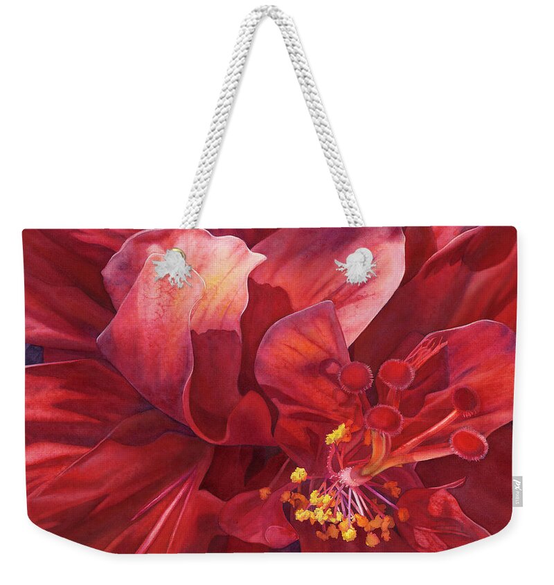 Double Hibiscus Weekender Tote Bag featuring the painting Kilauea's Kiss by Sandy Haight