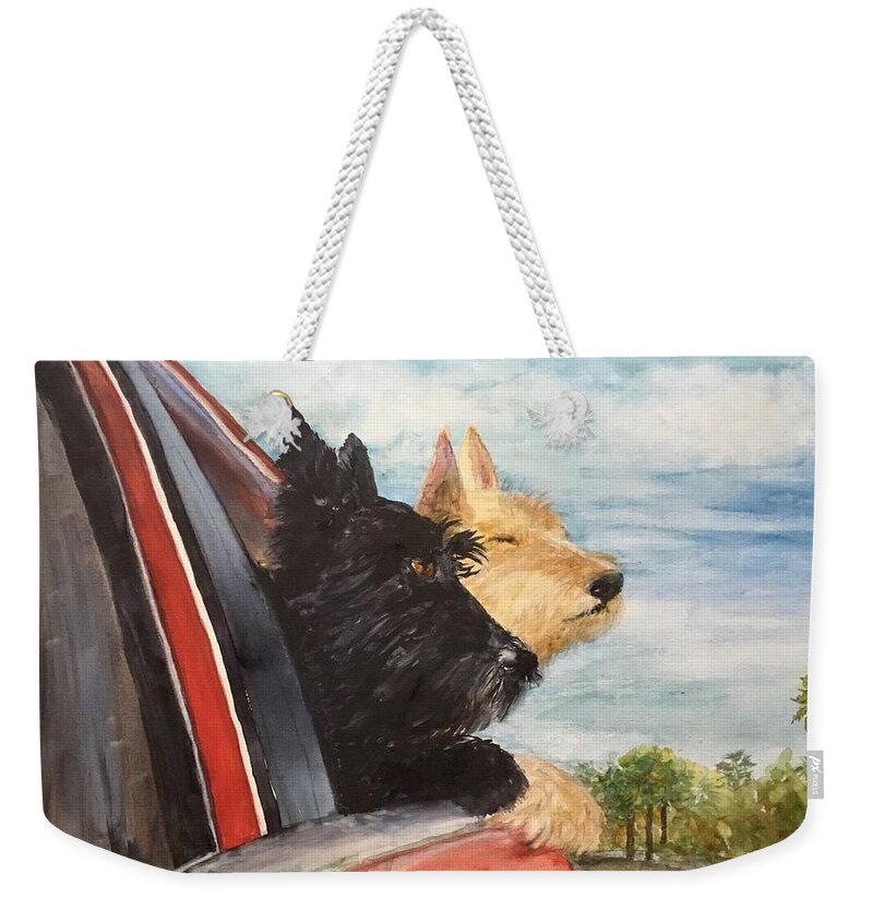 Dogs Weekender Tote Bag featuring the painting Kiltie and Maggie Take a Ride by Cheryl Wallace