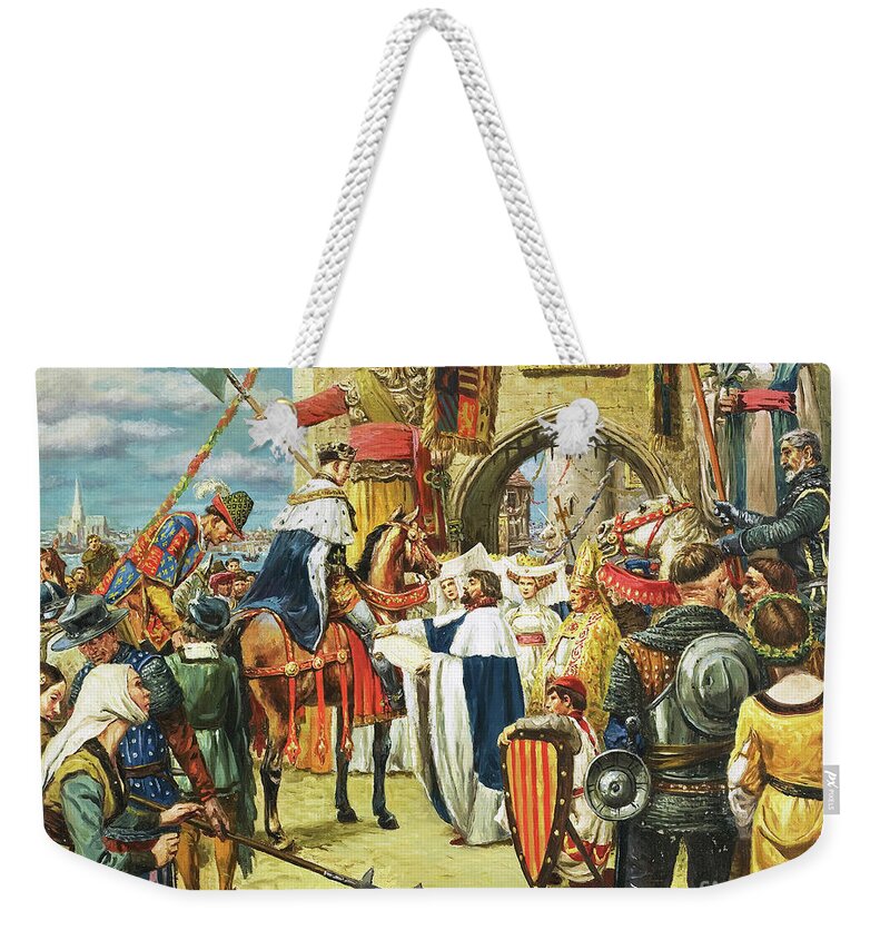 King Henry V?s Triumphal Return To London After His Victory At Agincourt Weekender Tote Bag featuring the painting King Henry V?s Triumphal Return To London After His Victory At Agincourt by Cl Doughty
