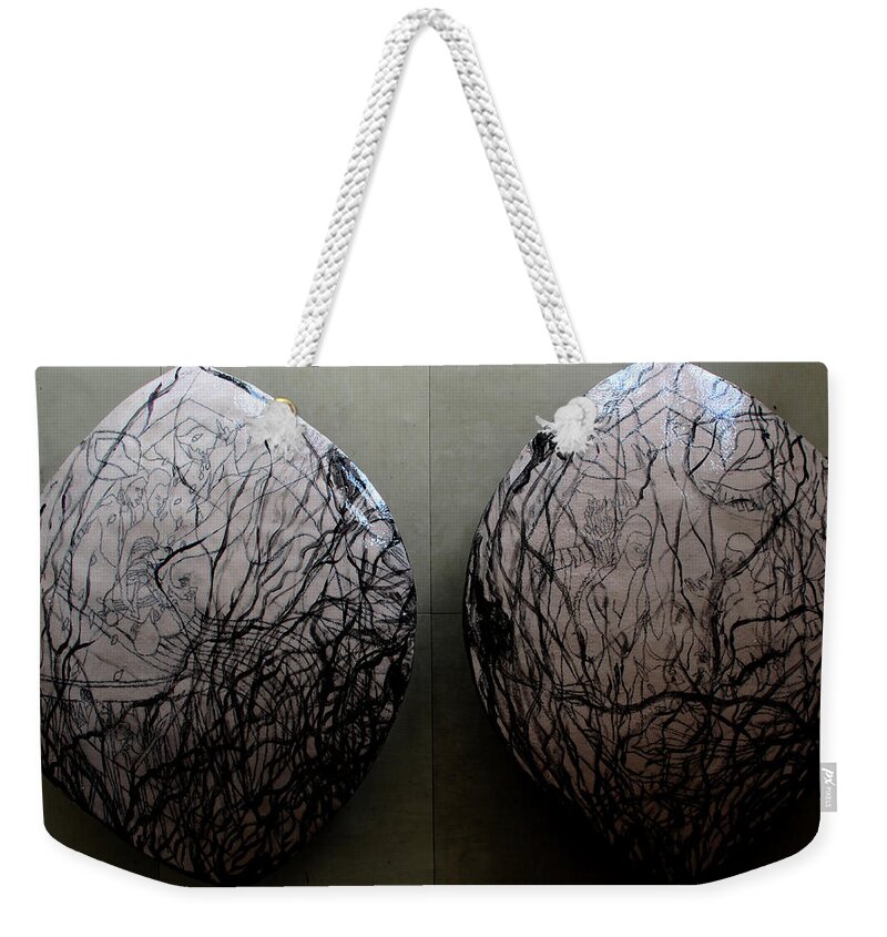 Jesus Weekender Tote Bag featuring the ceramic art Kintu and Nambi Shield Diptych by Gloria Ssali