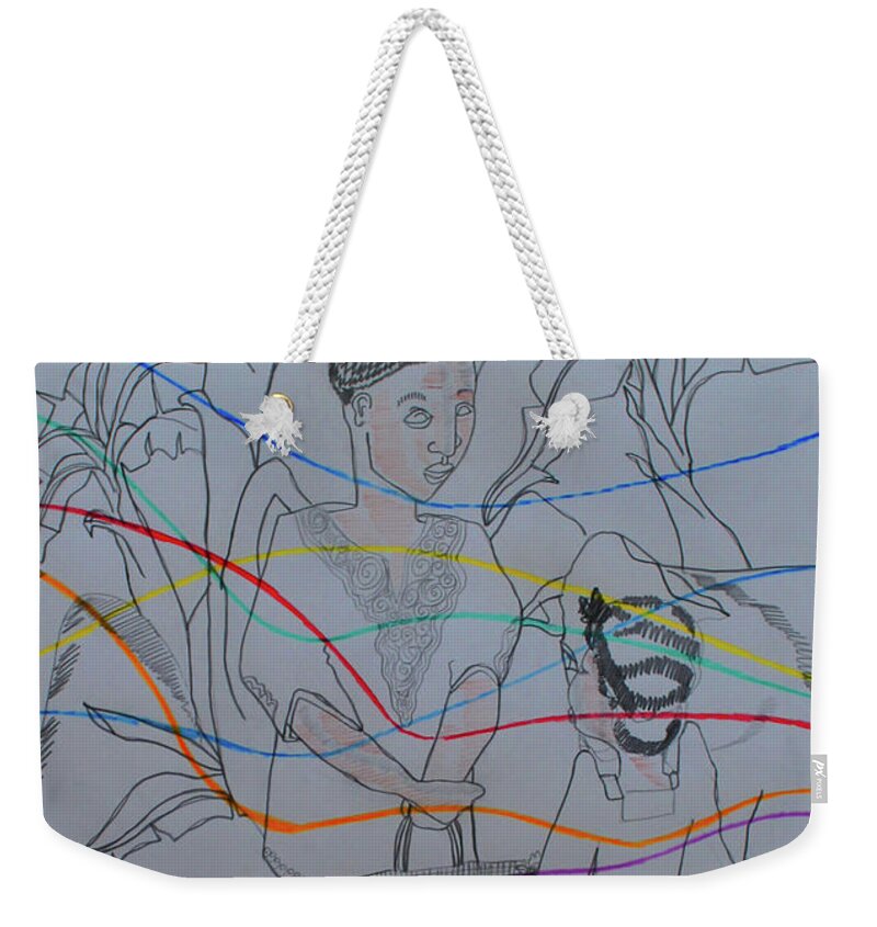 Jesus Weekender Tote Bag featuring the painting Kintu and Nambi Kintus Tasks #74 by Gloria Ssali