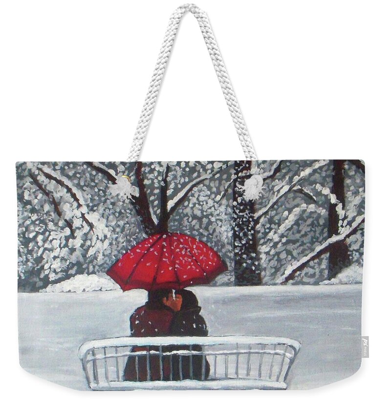 Kiss Weekender Tote Bag featuring the painting Kisses under umbrella by Vesna Antic