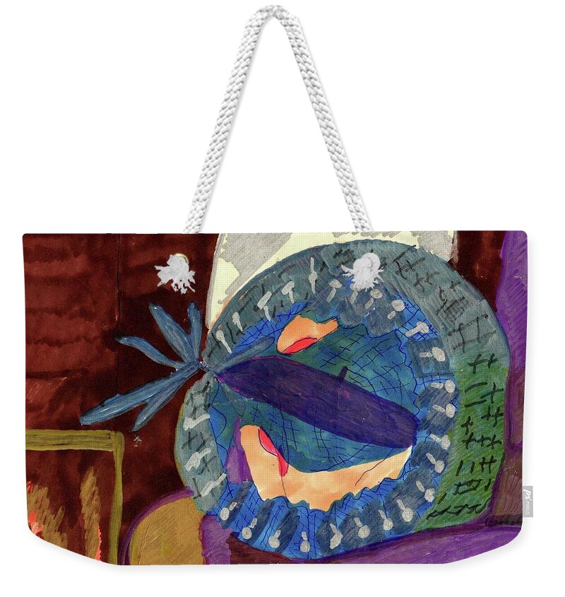 Knitting Loom Lady Holding It Sitting In A Chair Fireplace Weekender Tote Bag featuring the mixed media Knitting in the Round by Elinor Helen Rakowski