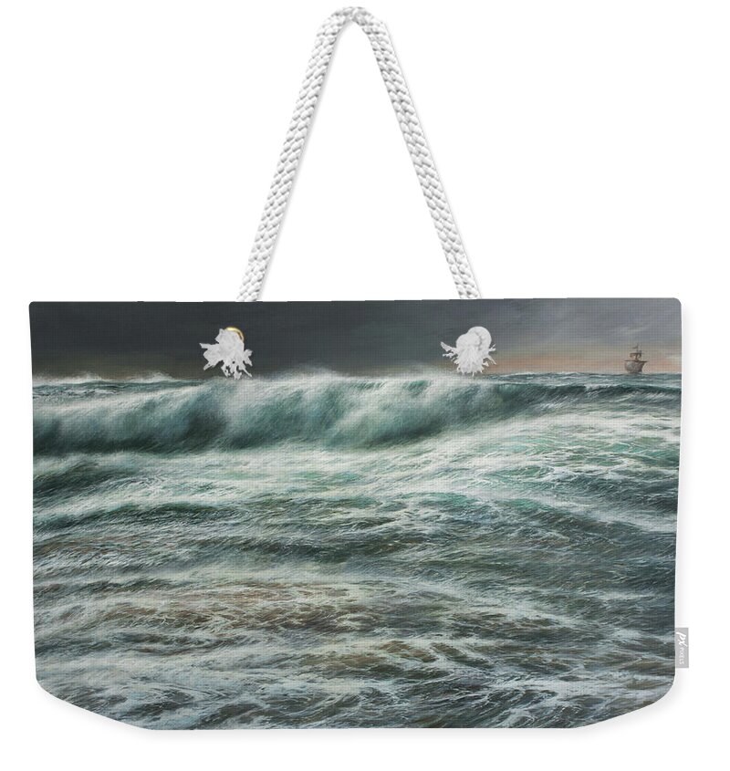 Seascape Weekender Tote Bag featuring the painting Kon Tiki approaching Raroia by Hans Egil Saele