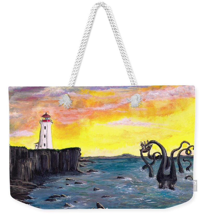 Lighthouse Weekender Tote Bag featuring the painting Kraken by the Lighthouse by Annalisa Rivera-Franz
