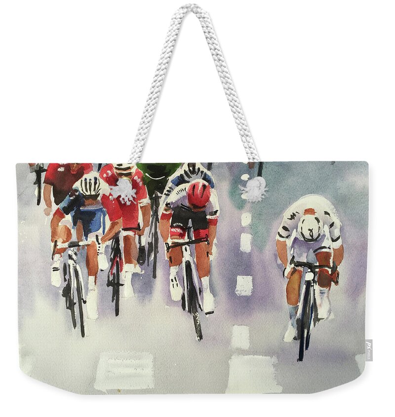 Letour Weekender Tote Bag featuring the painting Kristoff Wins Stage 21 2018 by Shirley Peters
