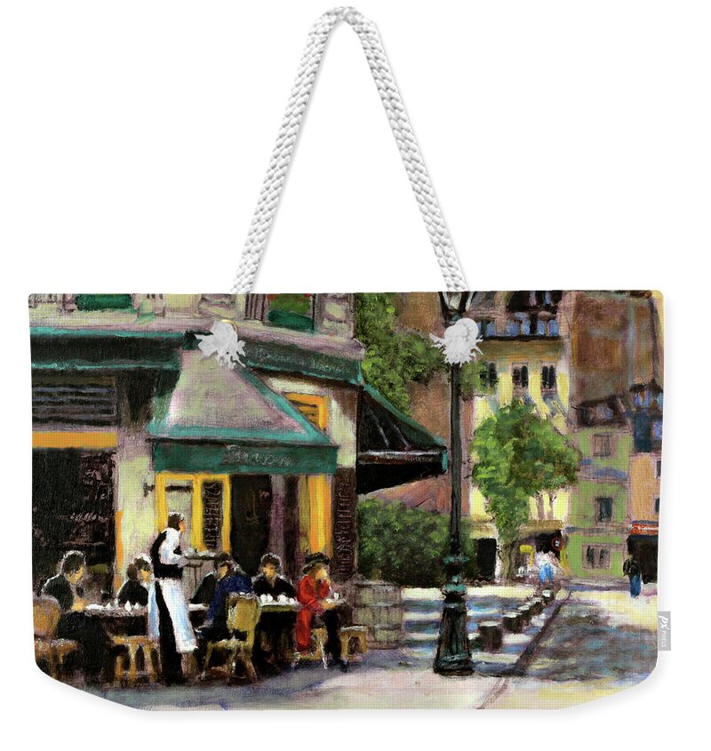 Paris Weekender Tote Bag featuring the painting La Petite Brasserie by David Zimmerman