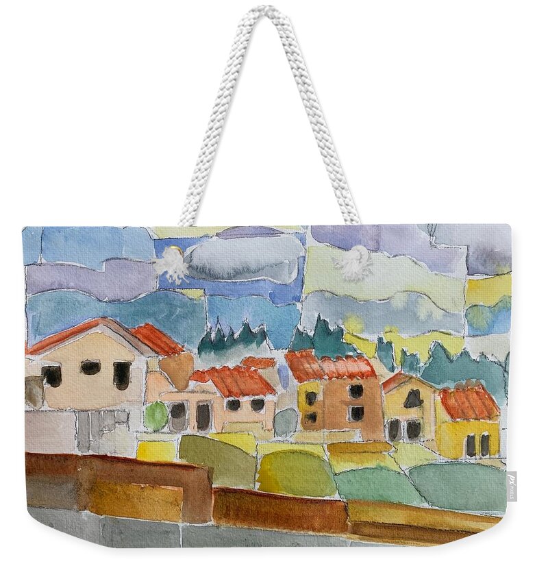 Houses Weekender Tote Bag featuring the painting Laguna del Sol Sky Design by Suzanne Giuriati Cerny