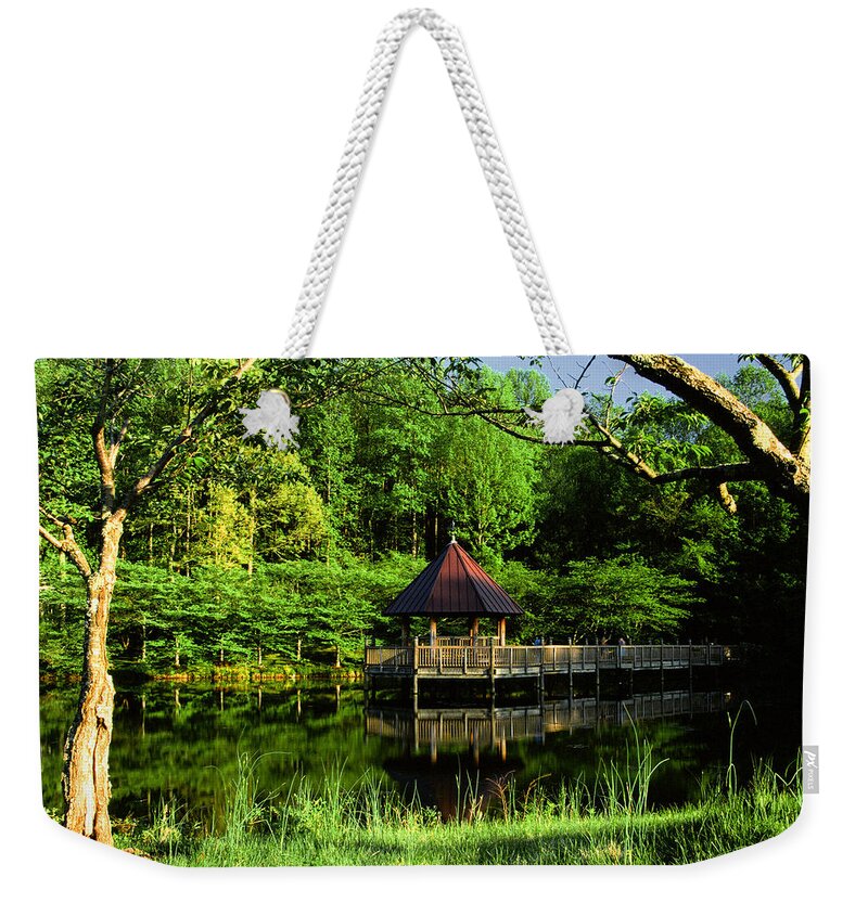 Lush Weekender Tote Bag featuring the photograph Lake and Gazebo on a Spring Afternoon by Steve Ember