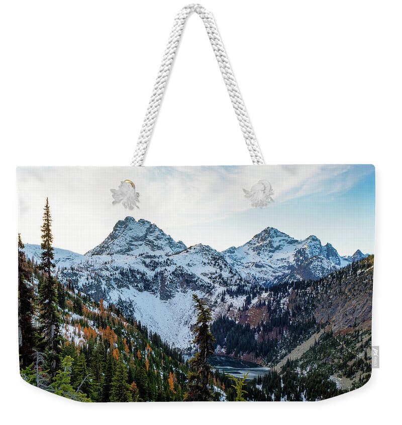 Outdoor; Fall Colors; Autumn; Larch; Golden; Color; Lake Ann; Maple Pass; Heather Pass; Maple Pass Loops; Mountains; Black Peak; Corteo Peak; Tree; North Cascade; Blue Lake; Washington Pass; Washington Beauty; Pacific North West Weekender Tote Bag featuring the digital art Lake Ann, WA by Michael Lee