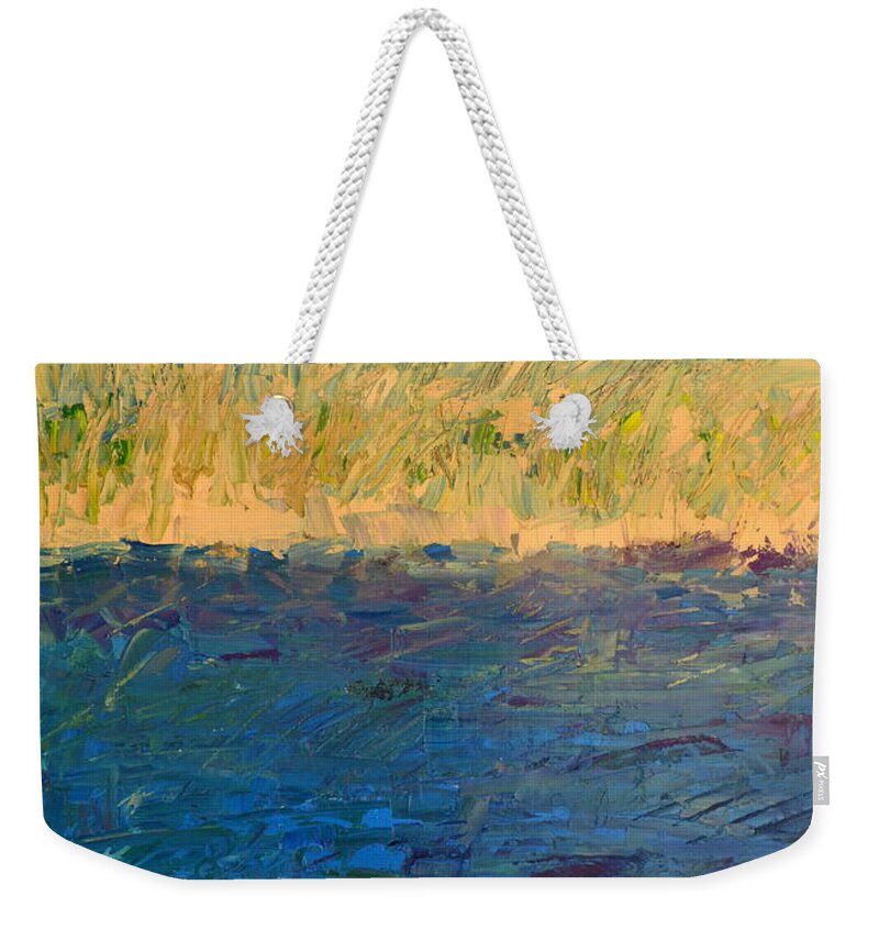 Lake Weekender Tote Bag featuring the painting Lake Michigan Shoreline with Dunes and Grasses by Michelle Calkins