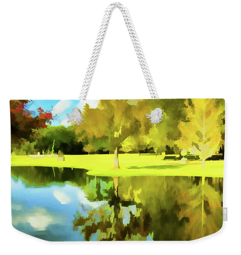 Lake Weekender Tote Bag featuring the photograph Lake Reflection - Faux Painted by Bill Barber