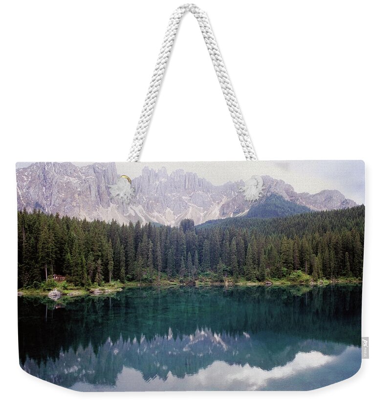 Lake Carezza Weekender Tote Bag featuring the photograph Landscape Of Carezza Lake And Latemar by Stefano Salvetti