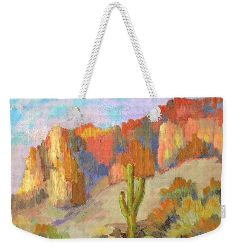 Landscape Weekender Tote Bag featuring the painting Late afternoon Superstition Mountains by Diane McClary