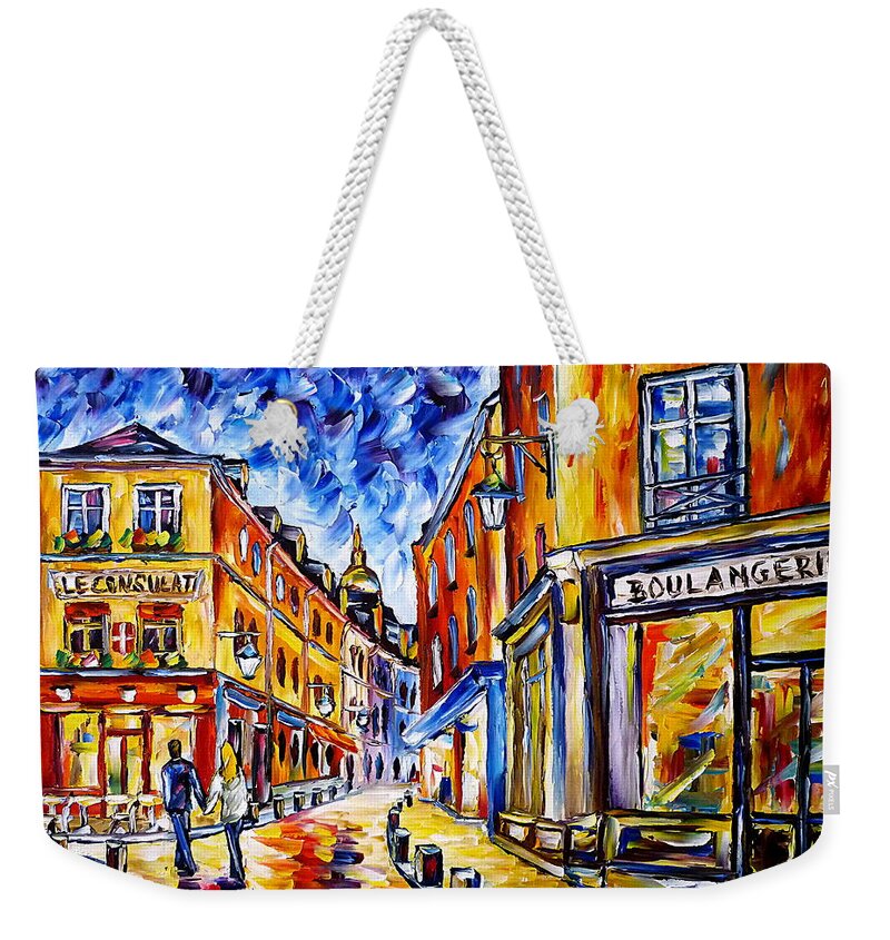 I Love Paris Weekender Tote Bag featuring the painting Le Consulat, Montmartre by Mirek Kuzniar