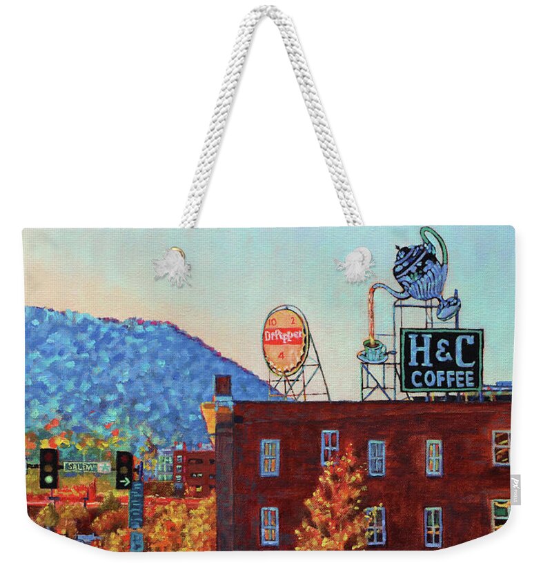 Quirky Weekender Tote Bag featuring the painting Leading Green - Antique Signs of Roanoke Virginia by Bonnie Mason